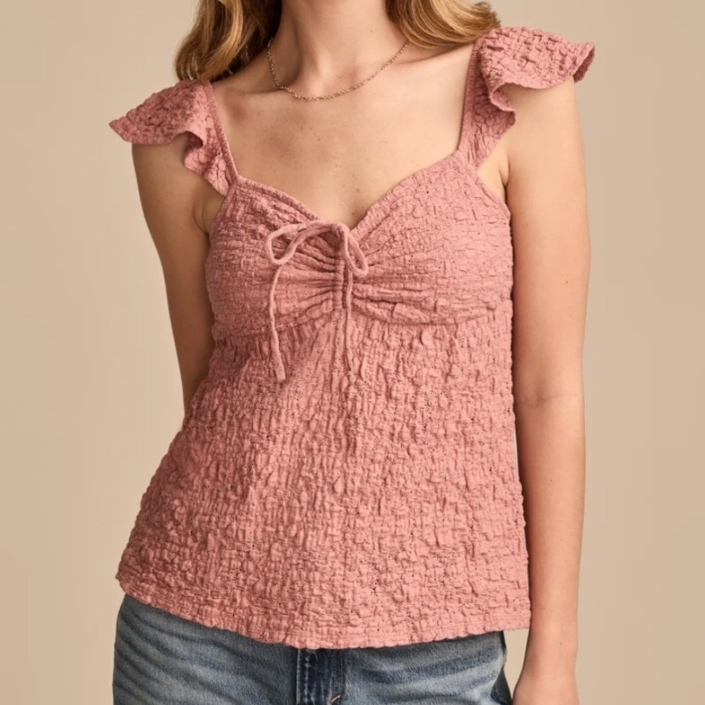 Lucky Brand Pink Smocked Ruffle Cami Top Tie Front Coquette Dainty XXL NWT